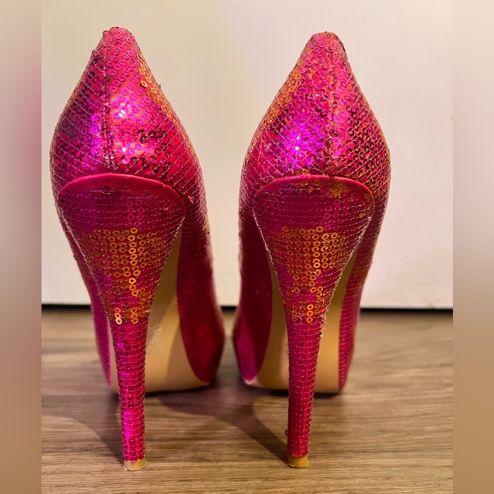 Iron fist Hot pink sequin skull platform heels